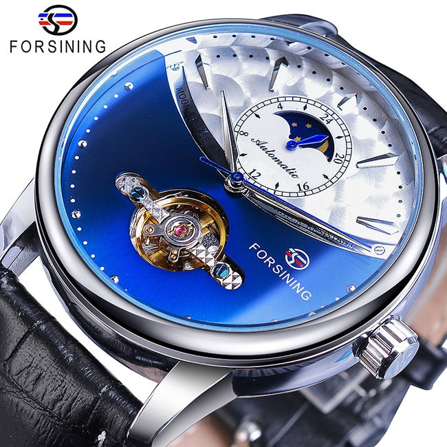 Reloj automático de fase lunar Forsining, reloj de pulsera mecánico resistente al agua dorado para hombres reales, reloj Tourbillon informal de cuero genuino