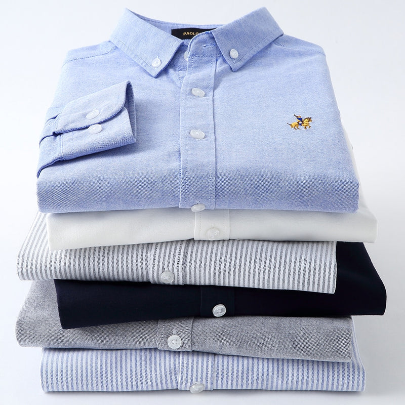 Camisas casuales de rayas Oxford de algodón puro para hombres Diseño de logotipo bordado de manga larga Ajuste regular Moda elegante