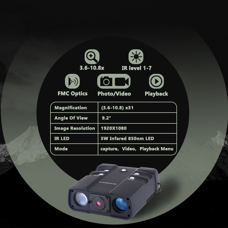 WILDGAMEPLUS WG500B 1080P HD Binoculares de visión nocturna 3.6-10.8 Zoom digital Infrarrojo Caza Visión nocturna Binocular IR Telescopio