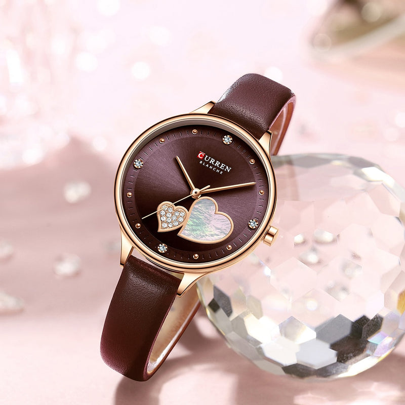 CURREN Uhren Damenmode Leder Quarz Armbanduhr Charming Strass Weibliche Uhr Zegarki Damskie