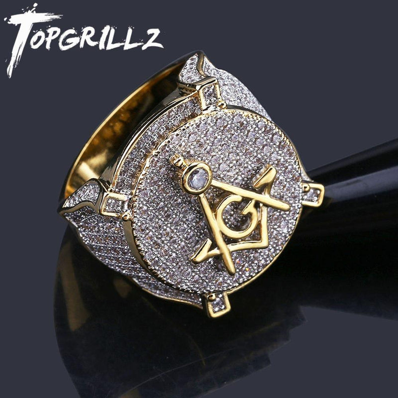 TOPGRILLZ Hip Hop vergoldetes Messing Iced Out Micro Pave Kubikzirkon Freimaurer Ring Charm für Männer Geschenke mit 7 8 9 10 11