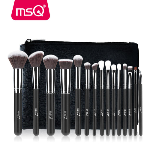 MSQ Professionelles 15-teiliges Make-up-Pinsel-Set, Puder, Foundation, Lidschatten, Make-up-Pinsel-Kit, Kosmetik, Kunsthaar, PU-Lederetui