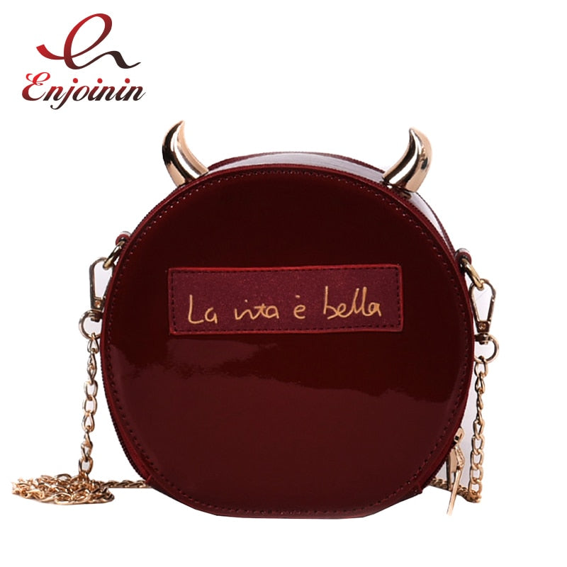 Dazzling Round Devil Crossbody Bag for Women Fashion Patent Leather Shoulder Chain Bag Female Purses and Handbags Clutch Bag