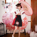 Japanese Dress Kimono Woman Black White Cat Embroidery Skirts Vintage Asian Clothing Yukata Haori Cosplay Party 2 Pieces Sets