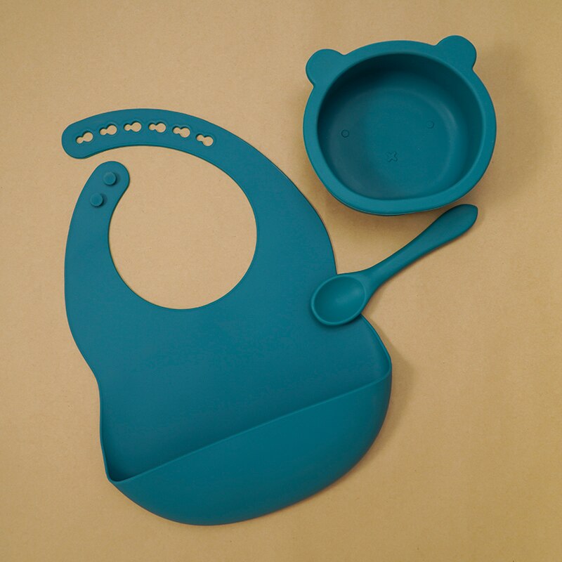 BPA Free Baby Silicone Tableware Waterproof Bib Flexible Saliva Towel Solid Color Sucker Bowl And Spoon For Children