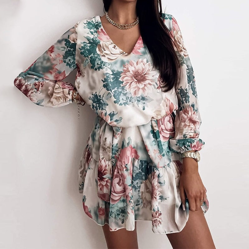 Spring Women's Chiffon V Neck Flower Print Dress Casual Long Sleeve Short Dress Female Boho Leisure A Line Party Vestidos 2021