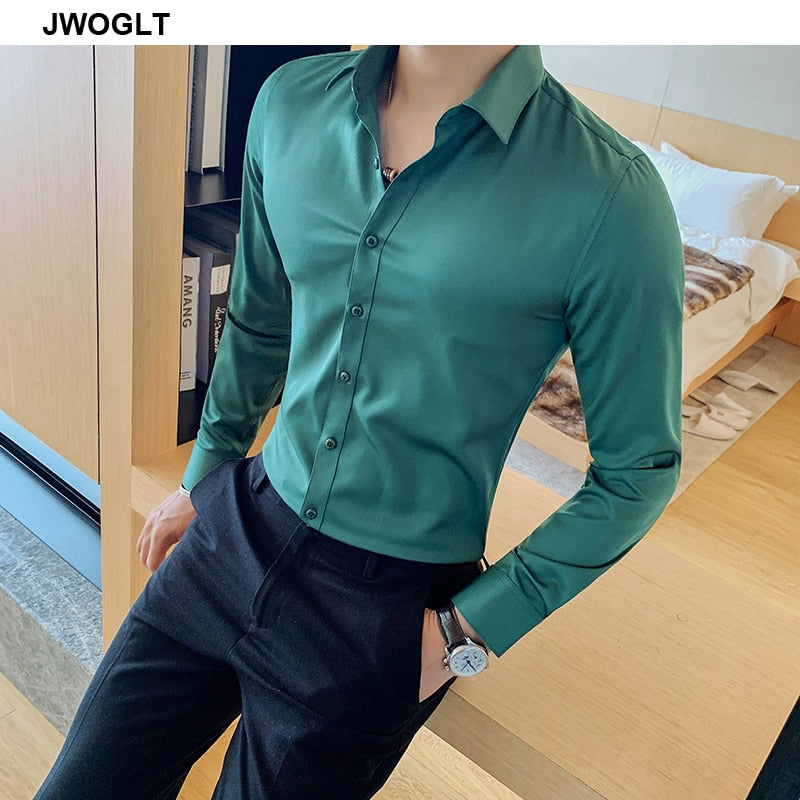 40kg-75kg Tamaño asiático pequeño Moda Nueva camisa para hombre Estilos coreanos Manga larga Slim Fit Amarillo Verde Blanco Casual Social Camisas