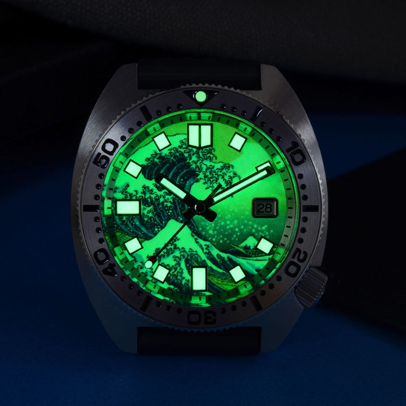 San Martin Diver 6105 Wave 3D Impresión Completa Luminoso Kanagawa Surfing Dial NH35 Mecánico Automático Hombres Reloj Zafiro Fecha