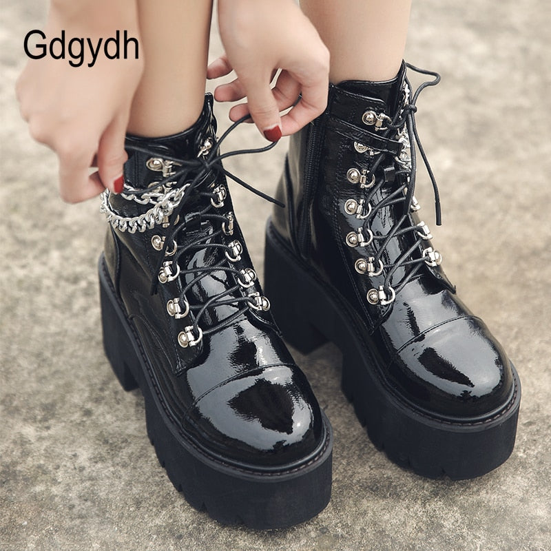 Gdgydh Patent Leather Gothic Black Boots Women Heel Sexy Chain Chunky Heel Platform Boots Female Punk Style Ankle Boots Zipper