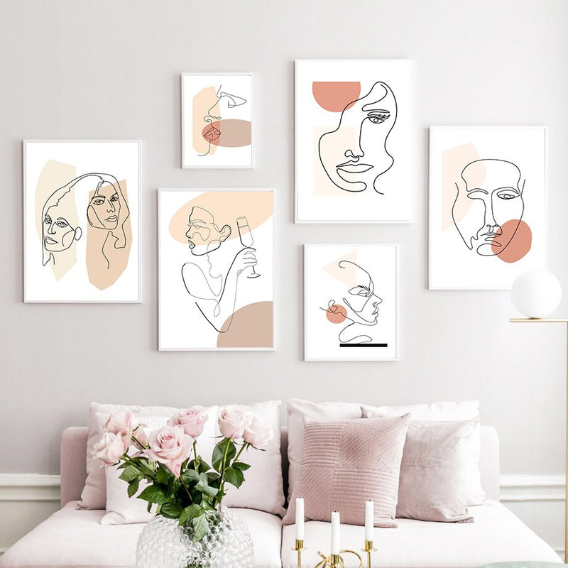 Cuadro sobre lienzo para pared dibujo línea chica chico cara pintura abstracta carteles nórdicos e impresiones cuadros de pared para decoración para sala de estar