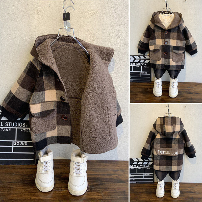 2-8Years Children Clothes Wool Coat For Boys Autumn Winter Plus Velvet Thicken Hooded Jacket For Boy Windbreaker Kids Overcoat