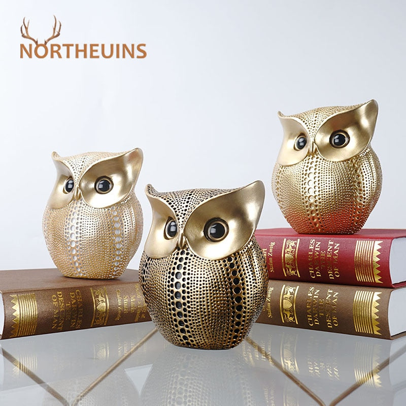 NORTHEUINS Goldene Eulenfiguren für den Innenbereich, Kunstharz, Tierstatuen, Skulptur, Zuhause, Wohnzimmer, Dekoration, Geschenke für das neue Jahr