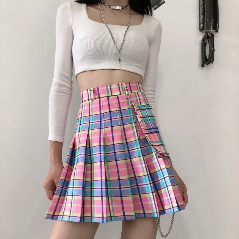 Harajuku Niedliche Röcke Frauen Kawaii Plaid Elastische Hohe Taille A-Linie Plissee Miniröcke Regenbogen Koreanisch Japanisch Schuluniform