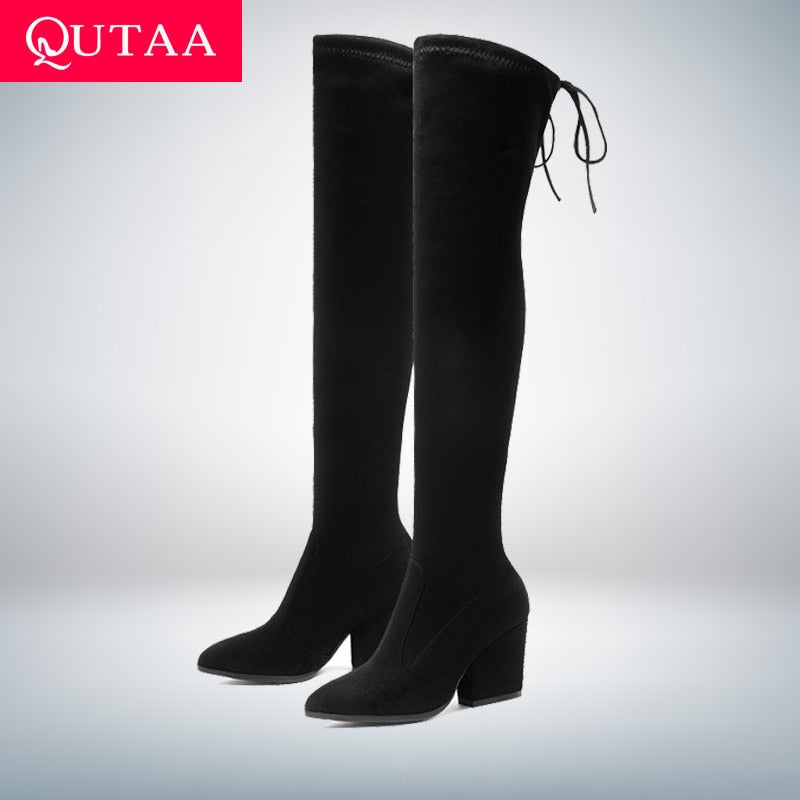 QUTAA 2021 Frauen Schuhe Overknee Hohe Stiefel Spitz Herbst Winter Schuhe Frauen Hoof Heels Flock Frauen Stiefel Größe 34-43