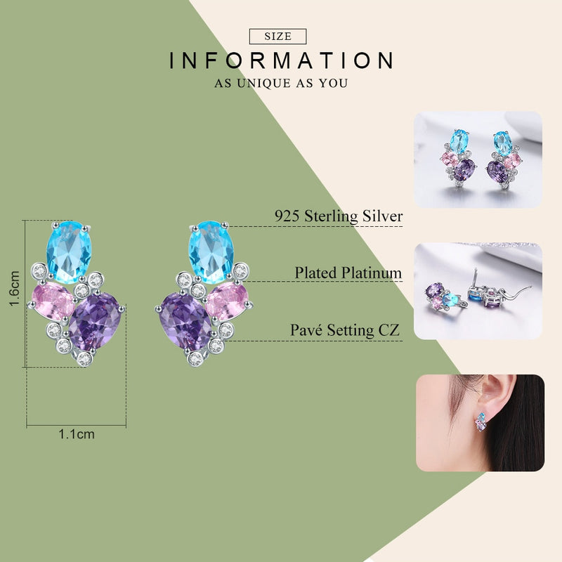 BAMOER Classic 100% 925 Sterling Silver Colorful Zircon Geometric Earrings Simple Stud Earrings for Women Silver Jewelry SCE579