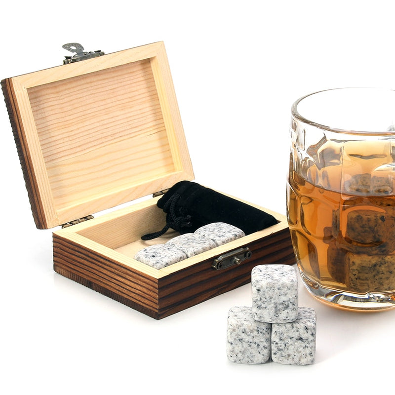 Whiskey Stones Set - 9 Granite Whiskey Rocks / Wooden Box / Velvet Bag / Reusable Cooling Ice Cubes