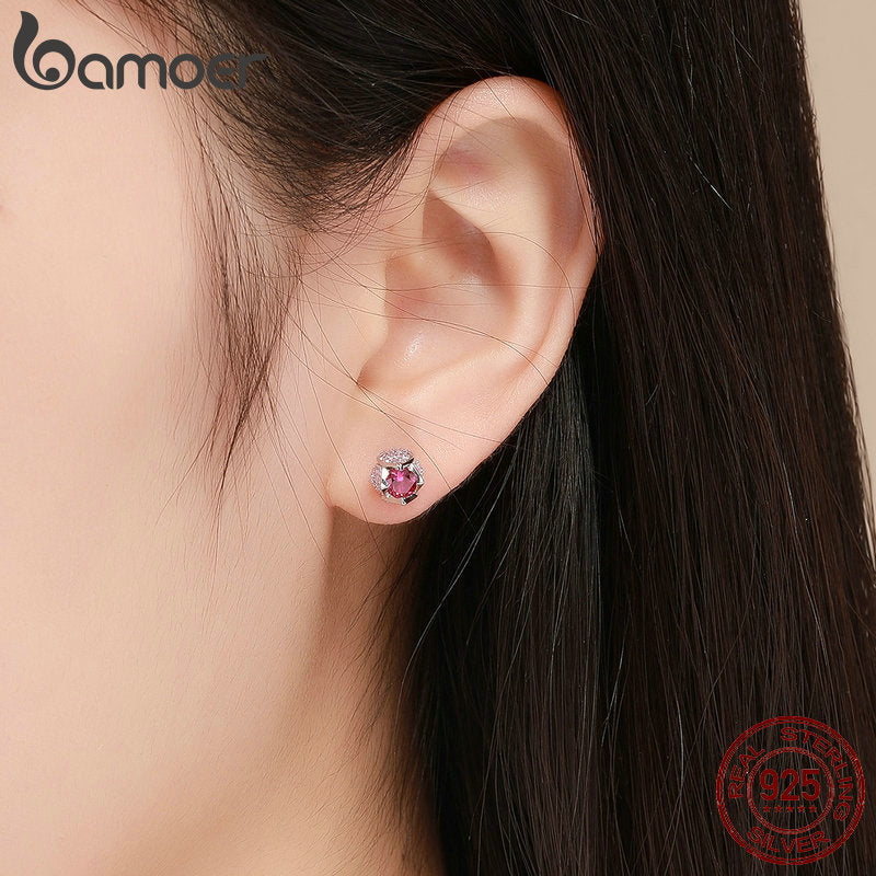 BAMOER, romántico, Plata de Ley 925, tulipán luminoso, capullos de flores, circonita cúbica rosa, pendientes de tuerca, joyería de boda para mujer, regalo BSE042