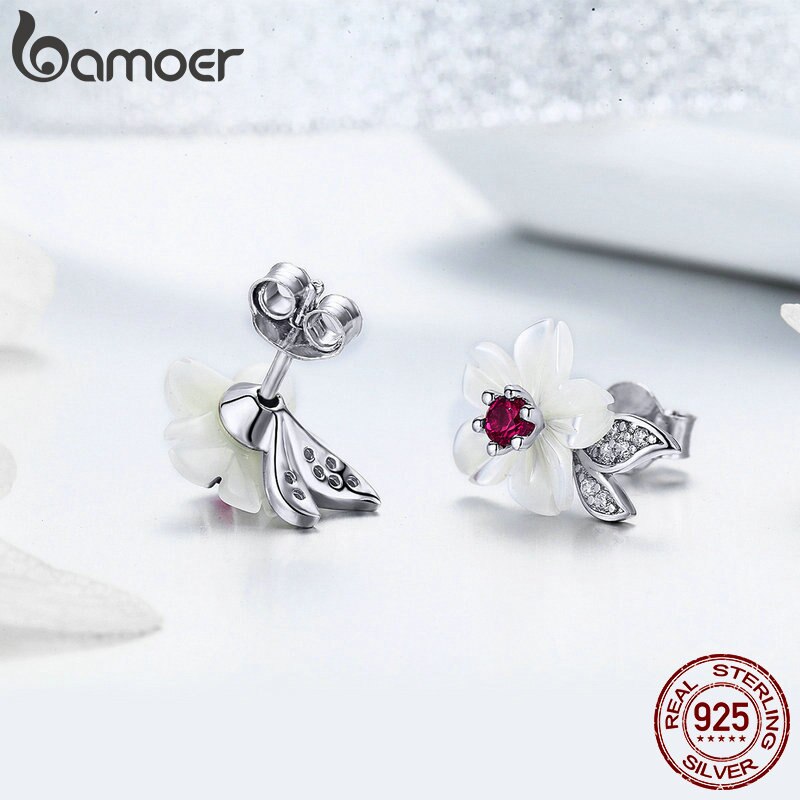 Bamoer 925 Sterling Silver Pure Shell Flower Stud Earring for Women Pave Setting CZ Fashion Korea Style Fine Jewelry BSE055