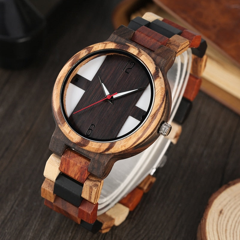 Antique Mens Wood Watches Vintage Ebony Wood Clock Male Unique Mixed Color Wooden Adjustable Band Quartz Watch Relogio Masculino