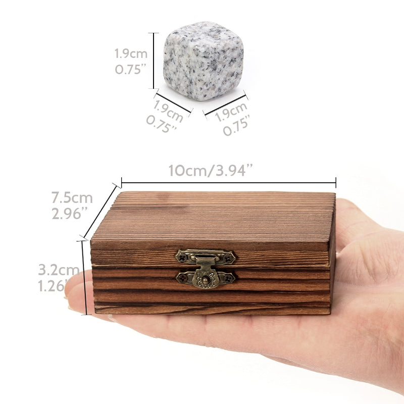 Whiskey Stones Set - 9 Granite Whiskey Rocks / Wooden Box / Velvet Bag / Reusable Cooling Ice Cubes