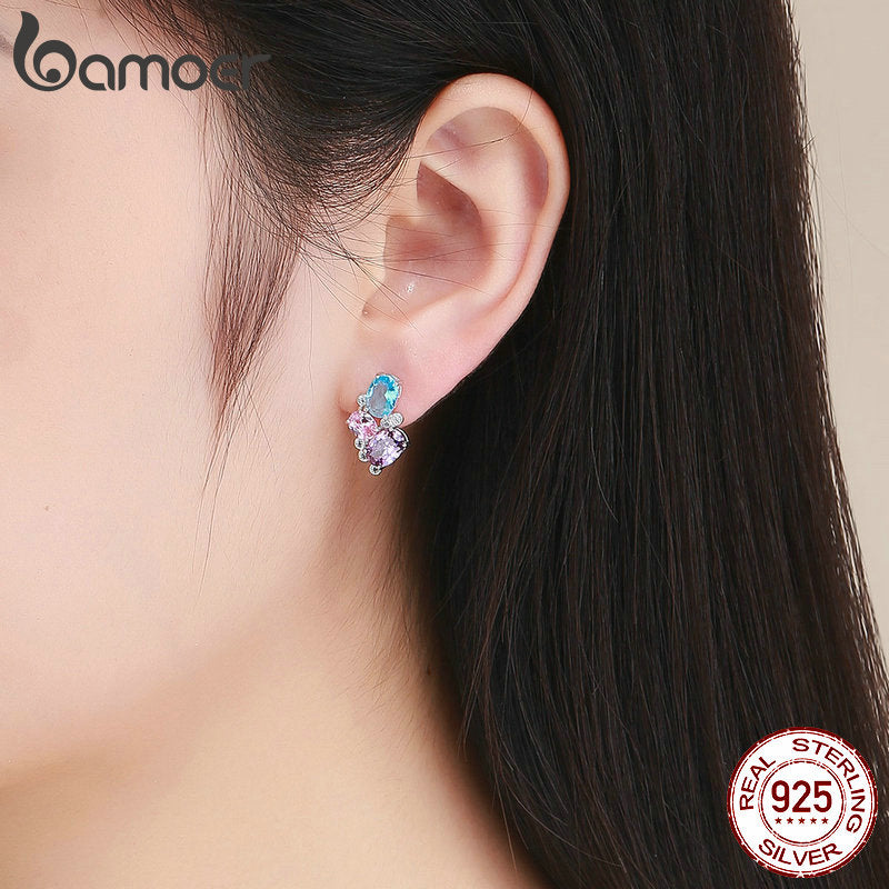 BAMOER Classic 100% 925 Sterling Silver Colorful Zircon Geometric Earrings Simple Stud Earrings for Women Silver Jewelry SCE579