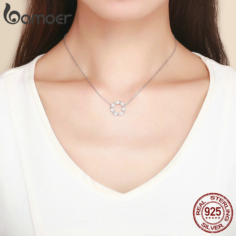 BAMOER elegante Plata de Ley 925 brillante estrella apilable forma redonda colgantes collares mujeres boda joyería Collar BSN028