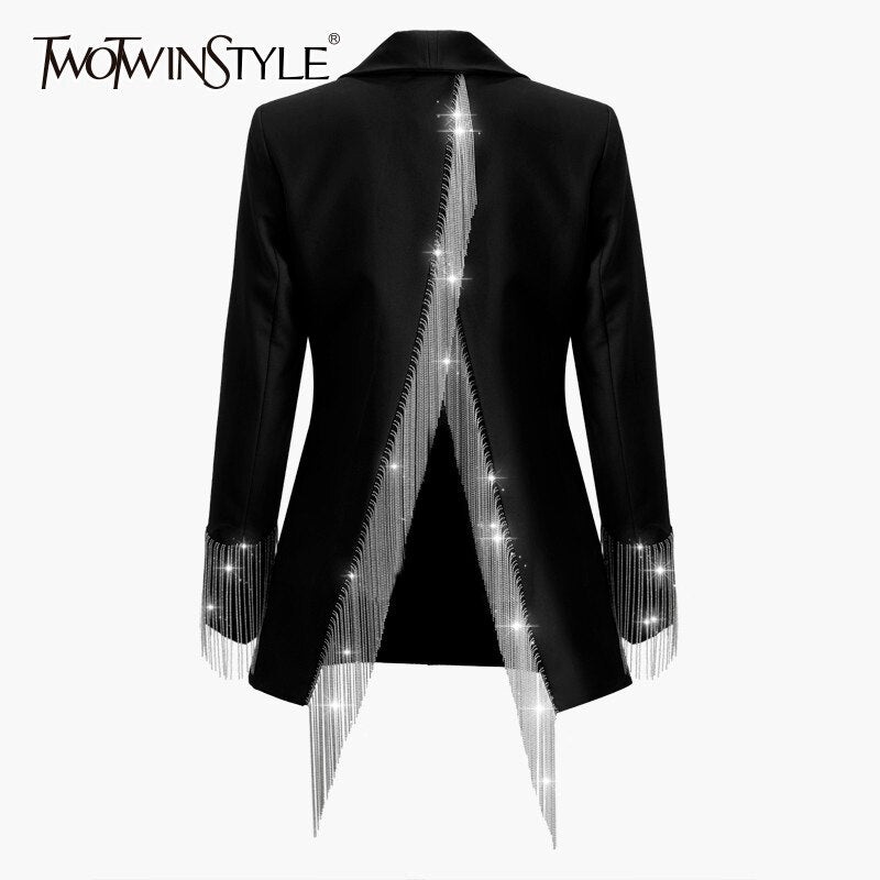 TWOTWINSTYLE Heavy Chains Tassel Coats Female Long Sleeve Single Button Backless Irregular Overcoat Women 2019 Spring