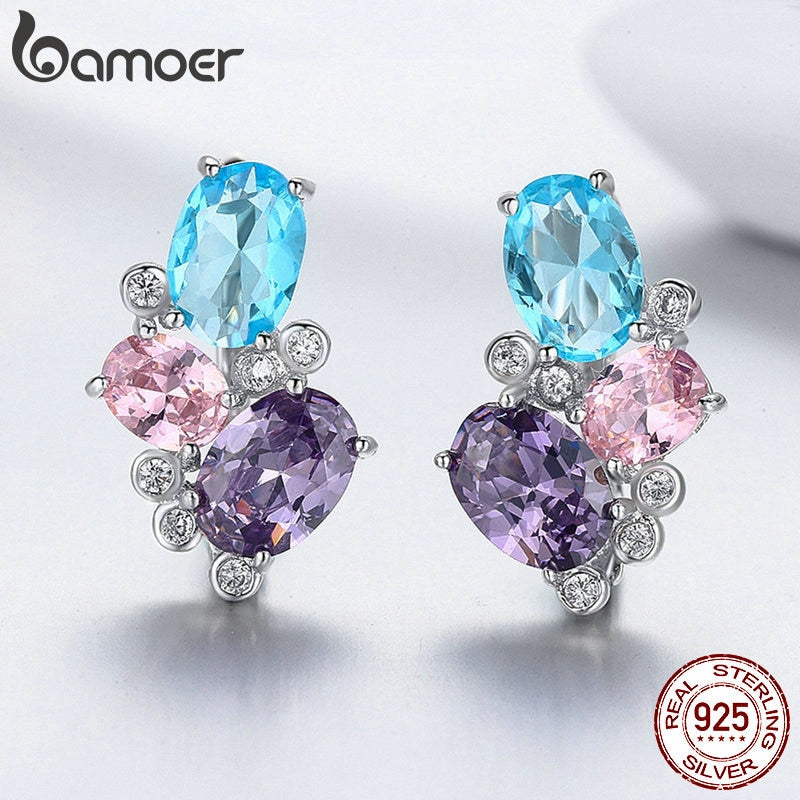 BAMOER Classic 100% 925 Sterling Silver Colorful Zircon Geometric Earrings Simple Stud Earrings for Women Silver Jewelry SCE579