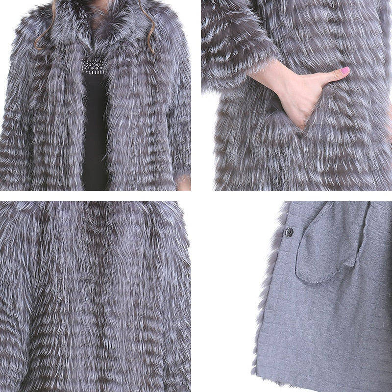 Fox Fur Coats Women Silver Fox Natural Fur Coats Female Autumn Knitted Long Genuine Fur Jackets Ladies Fashion Luxury 2020 New