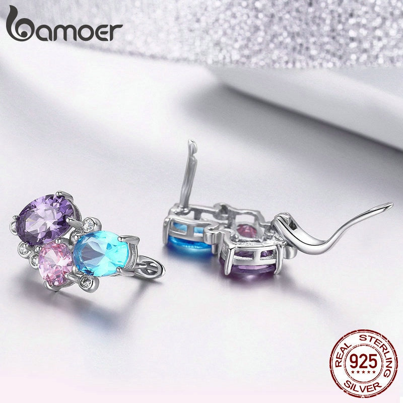 BAMOER Classic 100% 925 Sterling Silver Colorful Zircon Geometric Earrings Simple Stud Earrings for Women Silver Jewelry SCE579