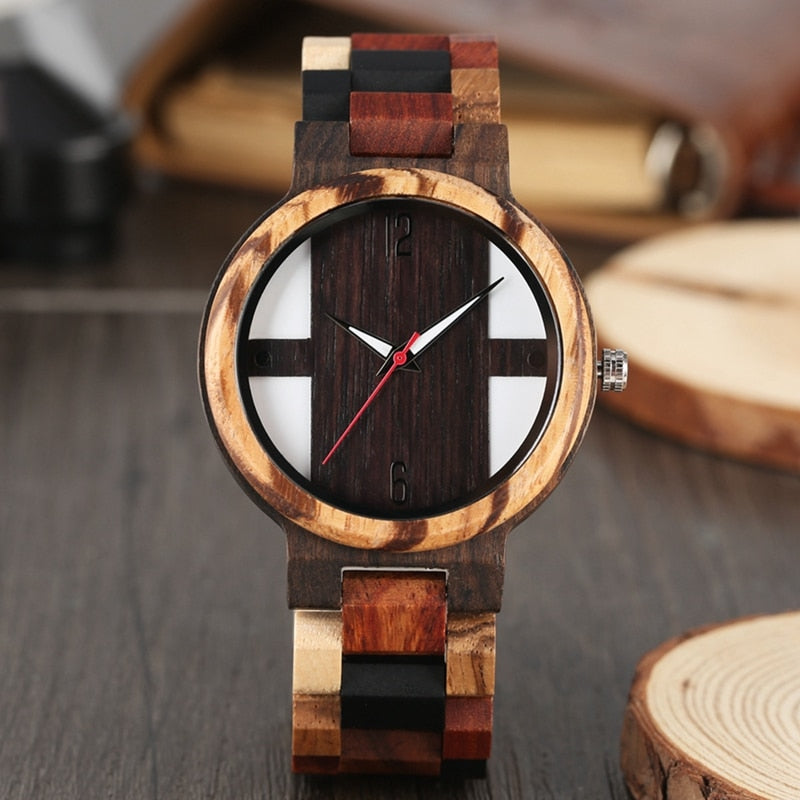 Relojes antiguos de madera para hombre, reloj de madera de ébano Vintage, reloj de cuarzo de banda ajustable de madera de colores mezclados único para hombre, reloj Masculino