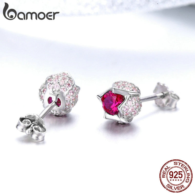 BAMOER, romántico, Plata de Ley 925, tulipán luminoso, capullos de flores, circonita cúbica rosa, pendientes de tuerca, joyería de boda para mujer, regalo BSE042