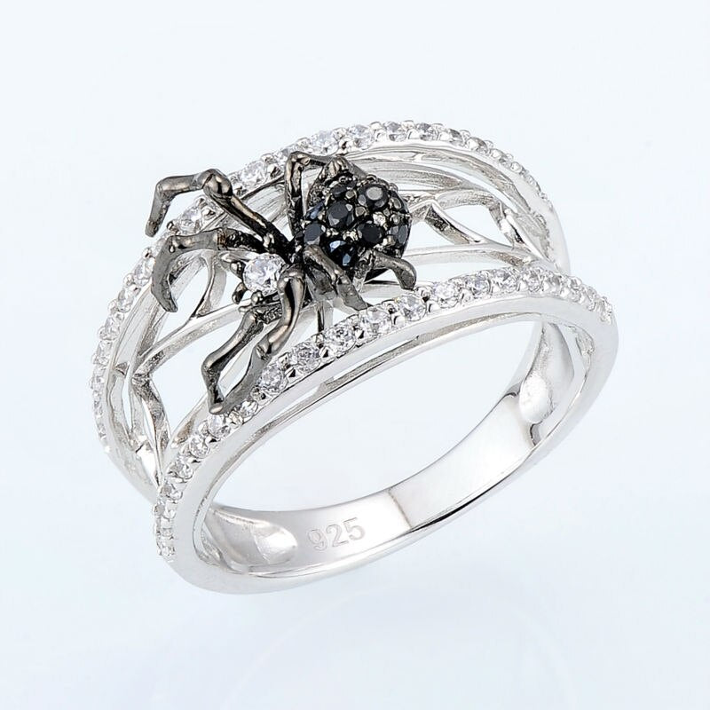 SANTUZZA Genuine 925 Sterling Silver Ring For Women Unique Rings Delicate Black Spider Ring Trendy Party Fashion Jewelry