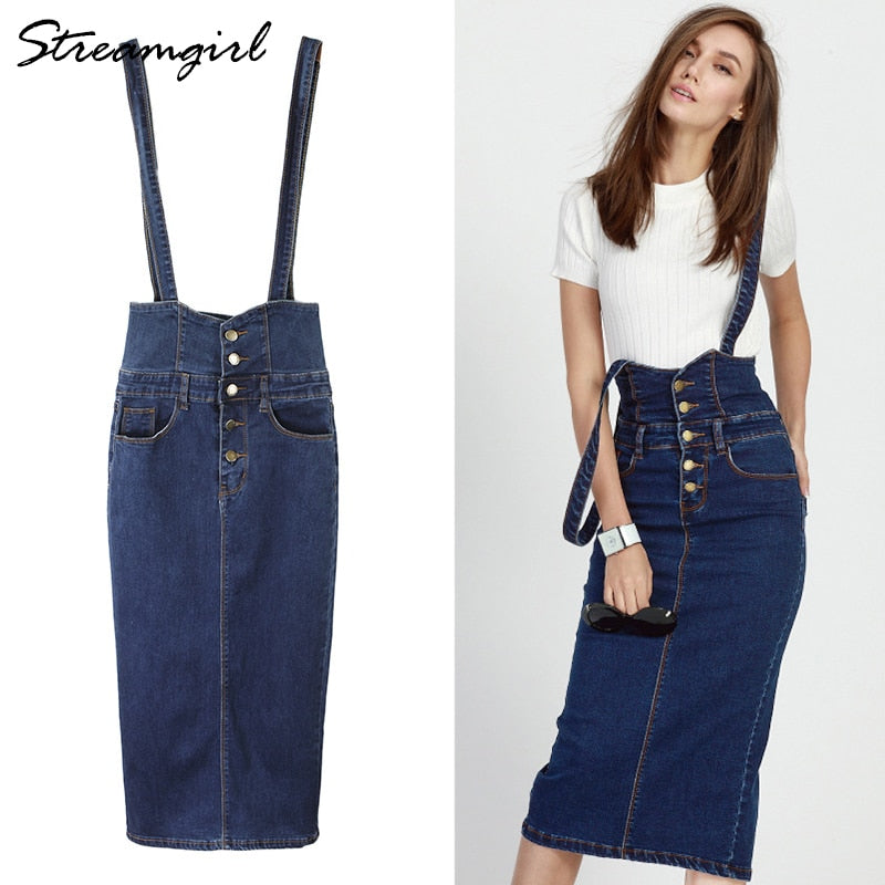 Streamgirl Long Denim Skirt With Straps Women Button Jeans Skirts Long High Waist Pencil Skirt Denim Skirts Womens