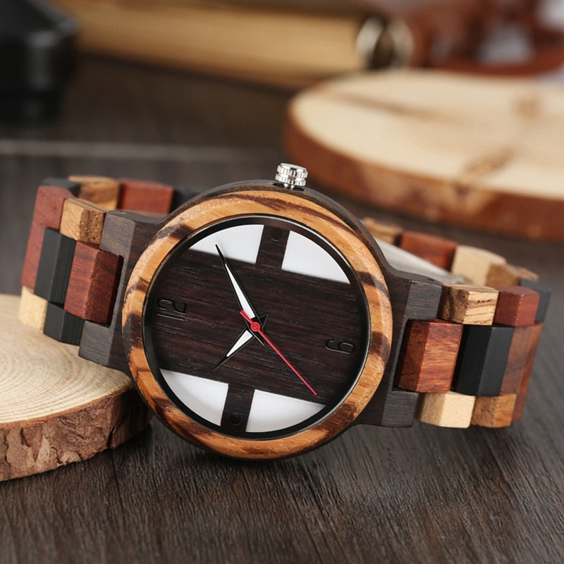 Antique Mens Wood Watches Vintage Ebony Wood Clock Male Unique Mixed Color Wooden Adjustable Band Quartz Watch Relogio Masculino