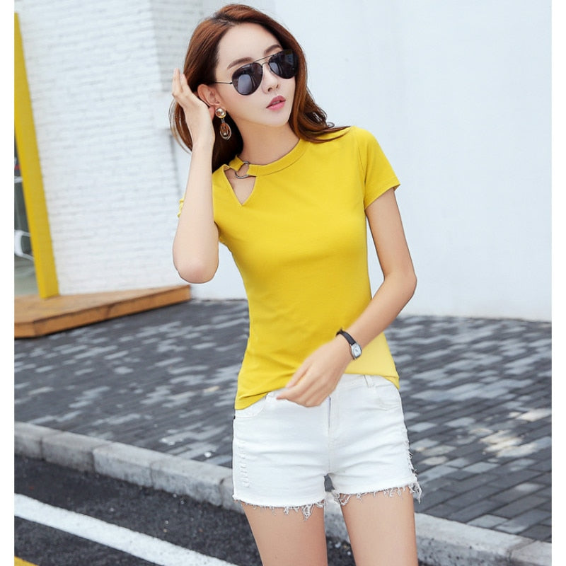 2022Summer Fashion Women T Shirt Hollow Solid Color O-neck Short Sleeved Short Shirt Women Casual Tops Clothing Korean Style