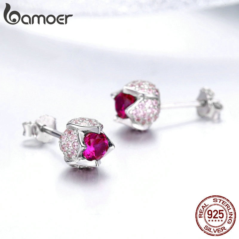 BAMOER, romántico, Plata de Ley 925, tulipán luminoso, capullos de flores, circonita cúbica rosa, pendientes de tuerca, joyería de boda para mujer, regalo BSE042