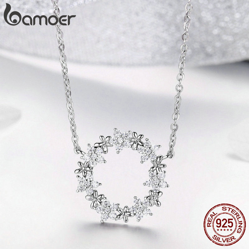 BAMOER Elegant 925 Sterling Silver Shining Stackable Star Round Shape Pendants Necklaces Women Wedding Jewelry Collar BSN028