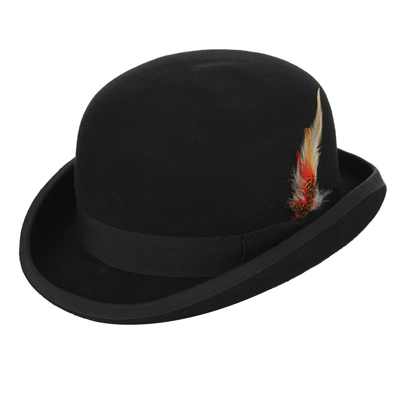 GEMVIE 4 tamaños 100% lana fieltro negro Derby Bowler sombrero para hombres mujeres pluma satén forro Casual Formal Fedora