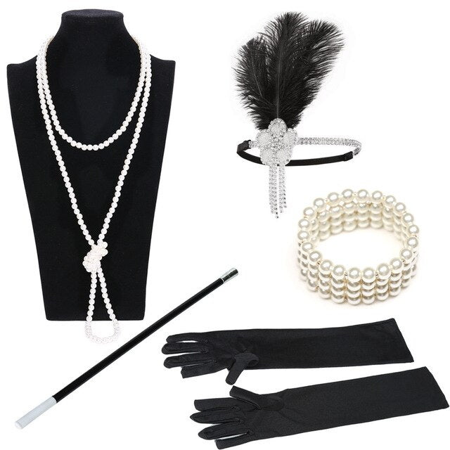 1920s Great Gatsby Party Costume Accessories Set 20s Flapper Feather Headband Pearl Necklace Gloves Cigarette Holder 5 Pcs Set