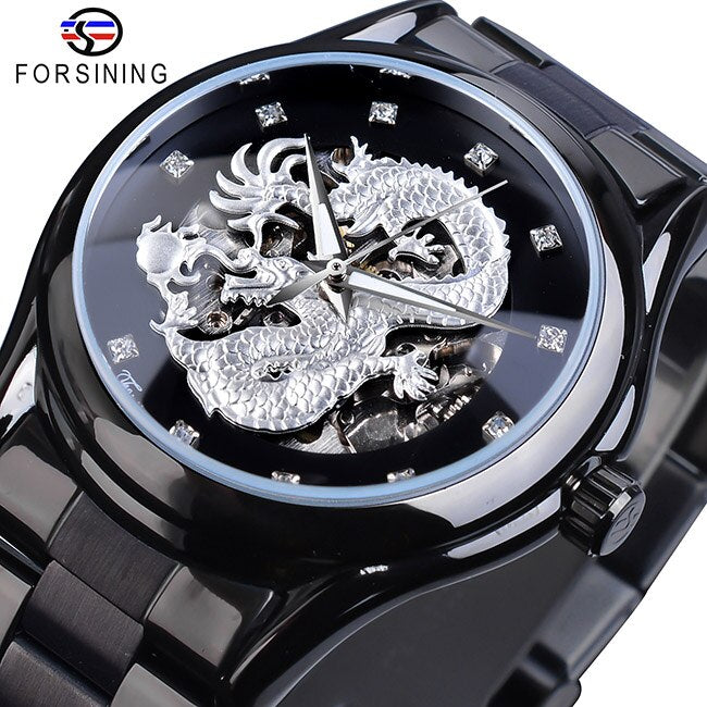 Forsining Classic Dragon Design Silver Acero inoxidable Diamond Display Hombres Relojes de pulsera automáticos Top Brand Luxury Montre Homme