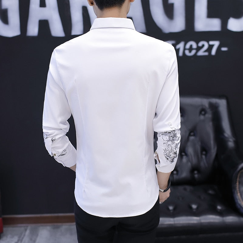 2021 Spring and Autumn Men&#39;s Long Sleeve Shirt Fashion Casual Rose Pattern Print Shirt Men&#39;s Business Social Banquet Slim Shirt