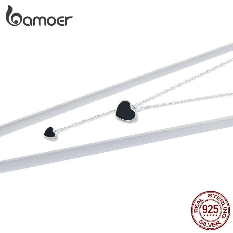 Bamoer 925 Sterling Silver Double Black Heart Pendant Necklace for Women Simple Black Enamel Y-shape Chain Necklace BSN095