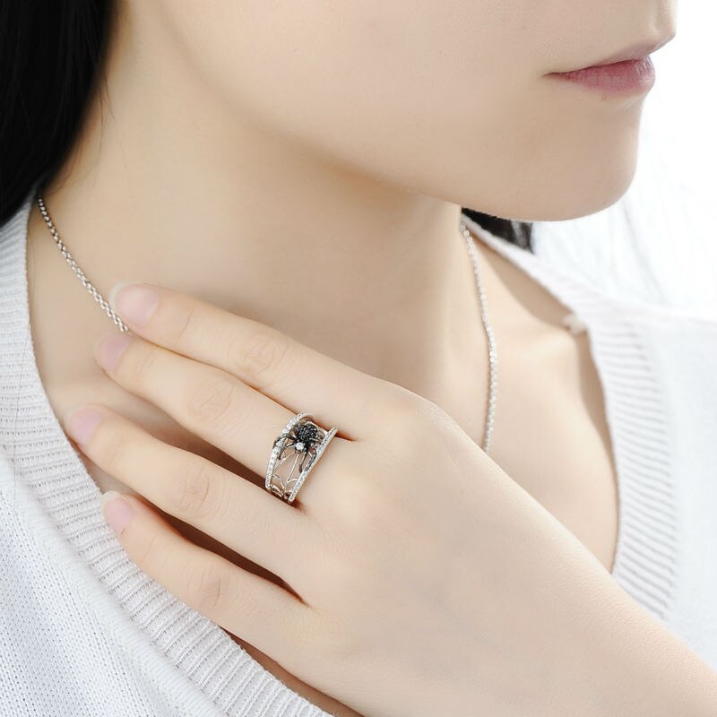 Anillo de plata de ley 925 auténtica SANTUZZA para mujer, anillos únicos, anillo de araña negra delicada, joyería de moda para fiestas
