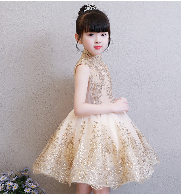 Elegante tul dorado flor niña vestido fiesta niños desfile vestido princesa boda vestido sin mangas vestidos de primera comunión 1-14T