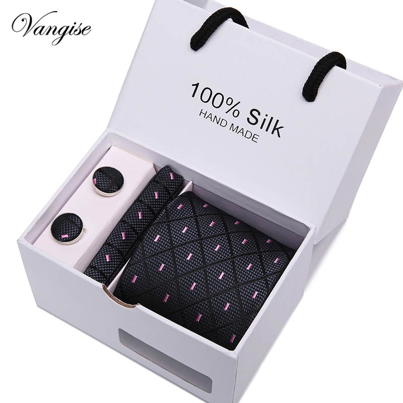 New Design Tie Set With Gift Box Jacquard Woven gravata Silk Tie Hanky Cufflinks Necktie Sets For Wedding Party Men