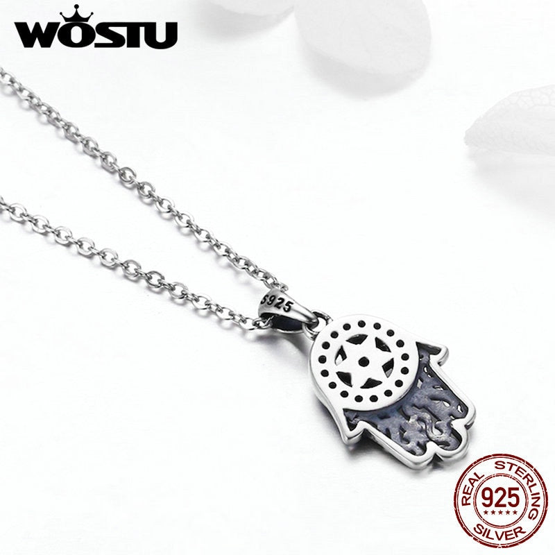 WOSTU Real 925 Sterling Silver Hand Of Fatima Hamsa Pendant Choker Necklace For Women Fashion bijoux Jewelry Gift CQN264