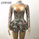 Shining Silver Mirrors Stone Dress Female Singer Dancer Bright Bodysuit Costume One-piece Nightclub Dress Oufit Party Dresses