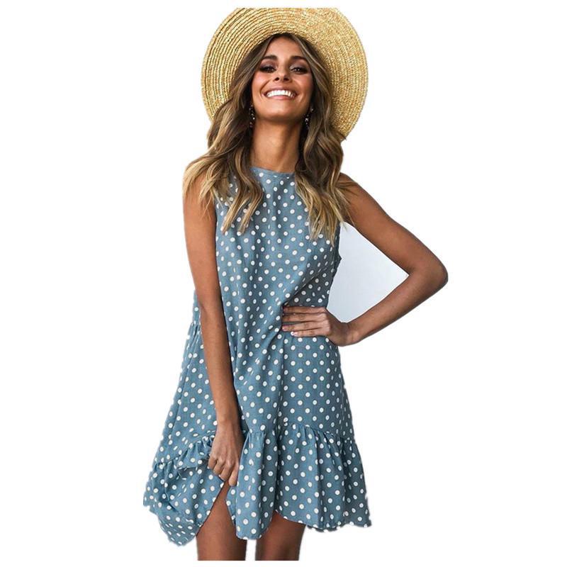 Sommerkleid Frauen Welle Punkt gekräuselte Polka O Hals ärmellos Casual Strand Sommerkleid transparent weiblich plus Größe vestidos 2020