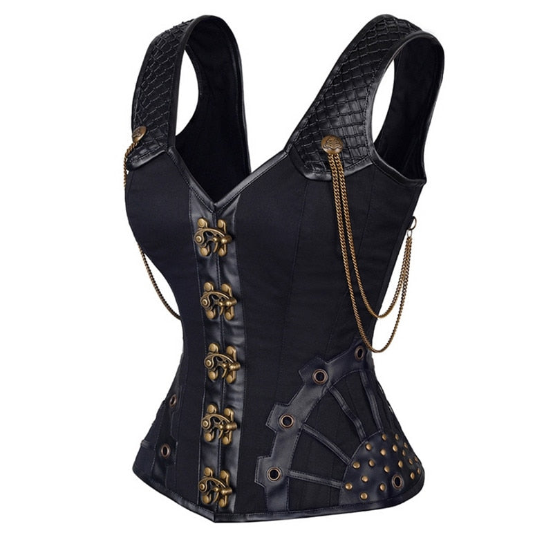 Hochwertige 12 Stahlknochennietkette Gothic Steampunk Korsett Damen Weste Top Taillenkontrolle Leder Sexy Korsetts und Bustiers